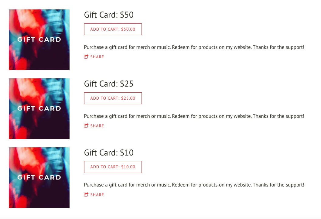 Bandzoogle Blog - Ways to use gift cards on your band website - Example