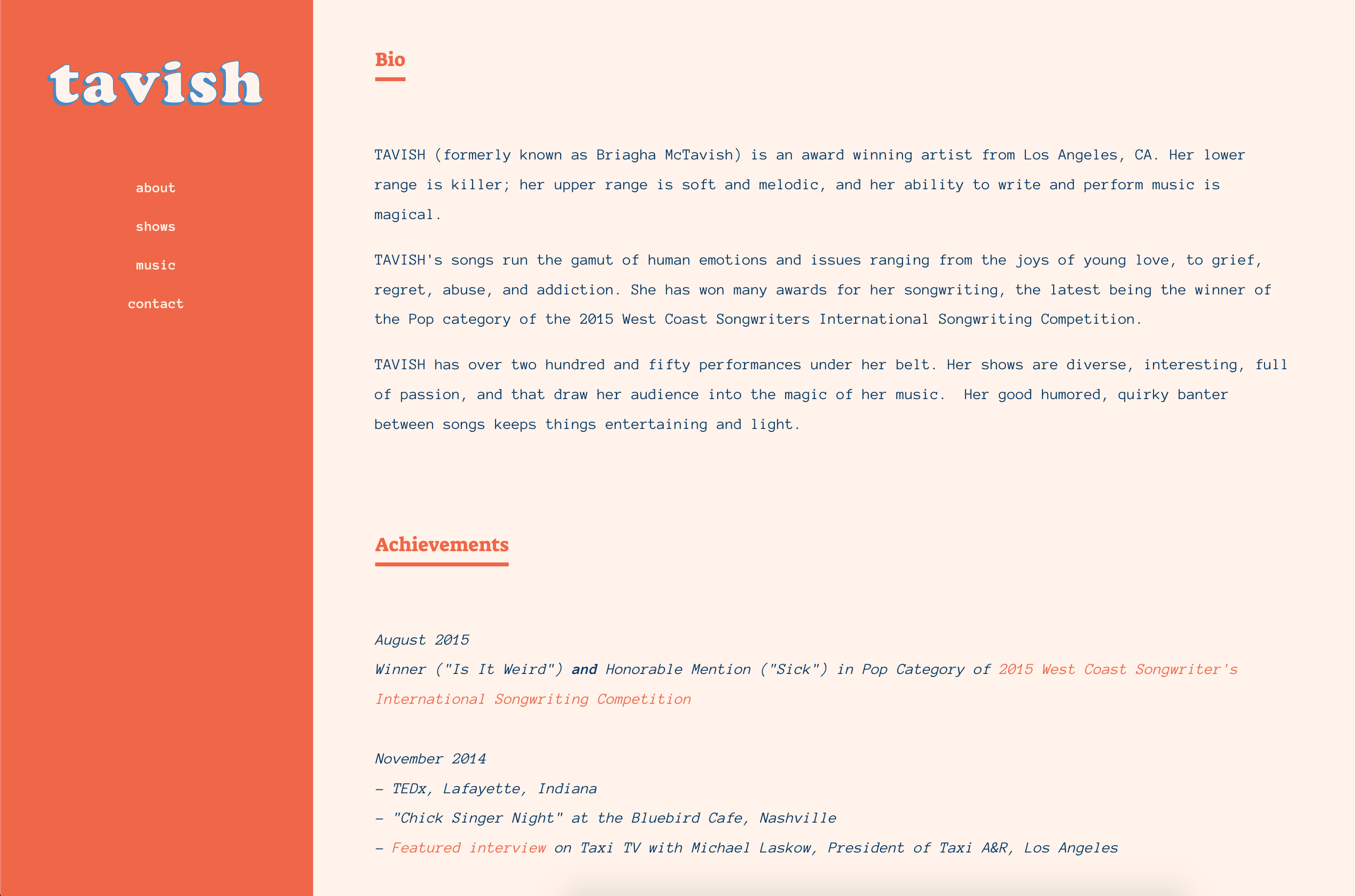 Bandzoogle blog: 6 things to add to your music portfolio. Screenshot from artist tavish's Bandzoogle website.