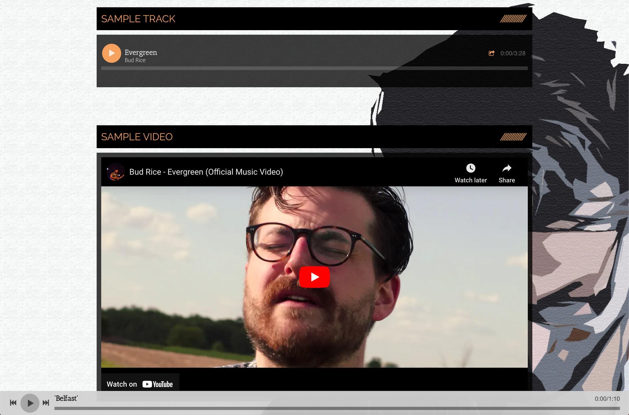 Bandzoogle blog: 6 things to add to your music portfolio. Screenshot from artist Bud Rice's Bandzoogle website.