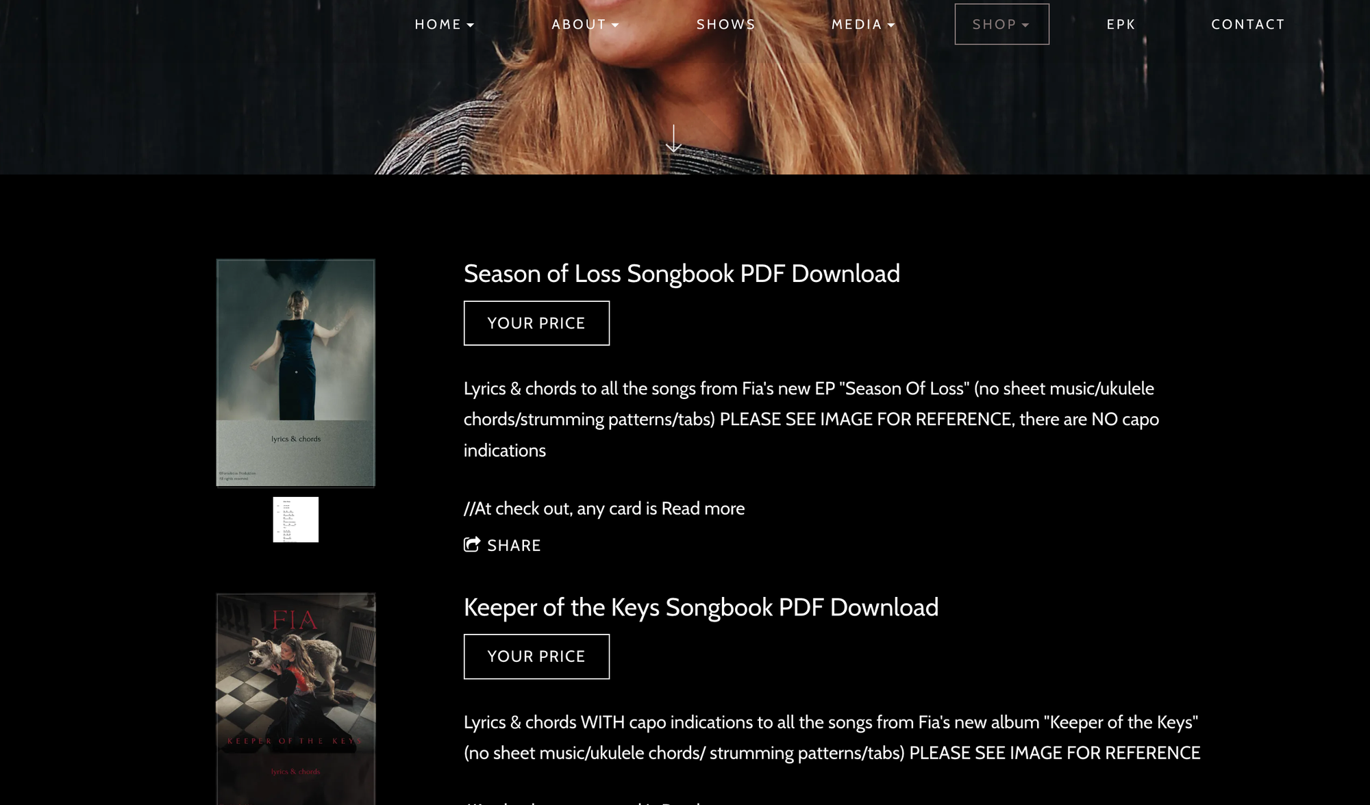 Bandzoogle blog: 25 creative band merch ideas. Image shows the merch store of musician Fia's Bandzoogle website, showing Songbook PDF downloads.