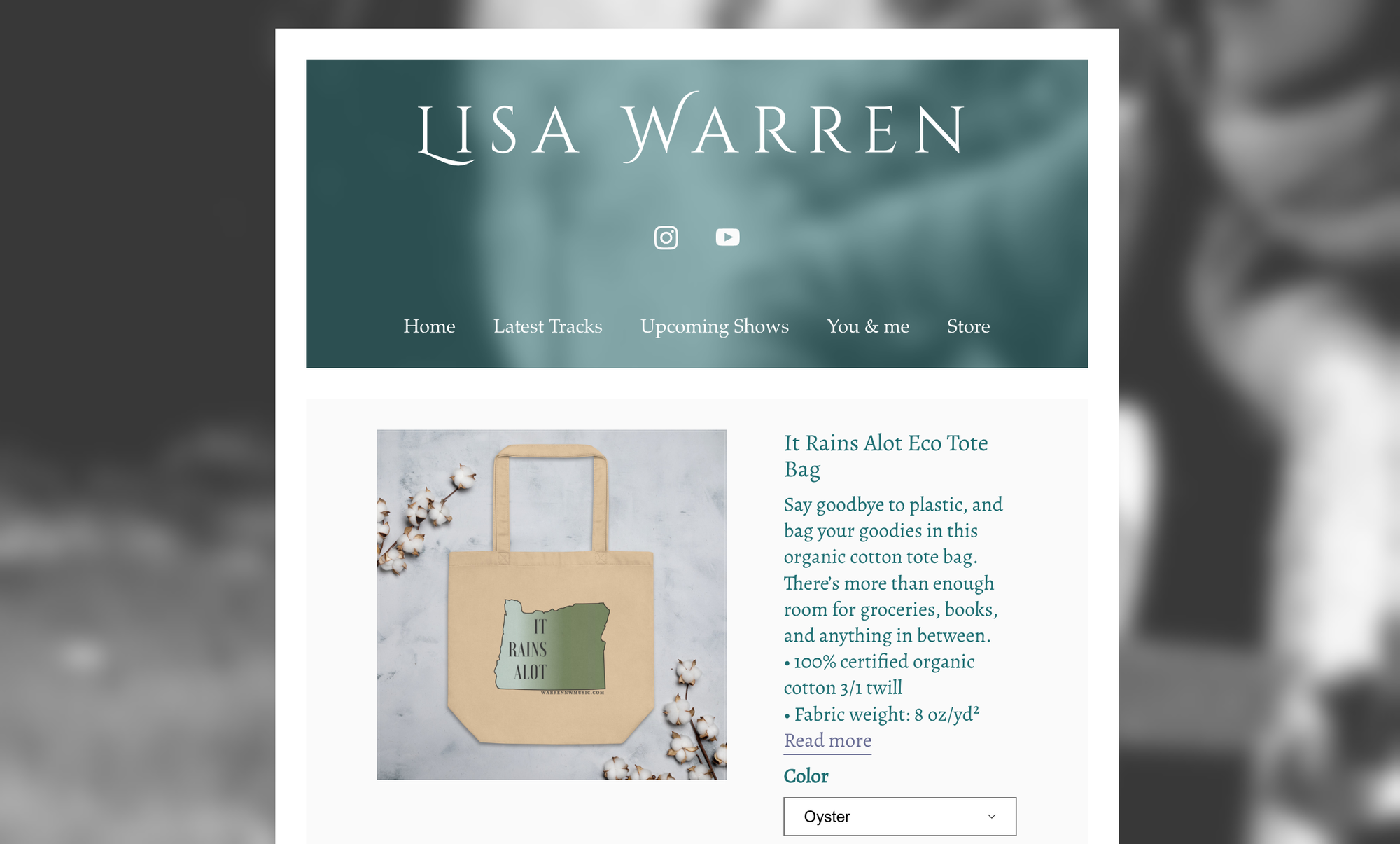 Bandzoogle blog: 5 best merch products to sell as a musician. Image shows the merch table from artist Lisa Warren's website.