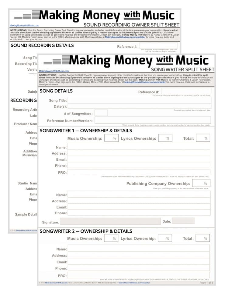 money with songwriting split sheet
