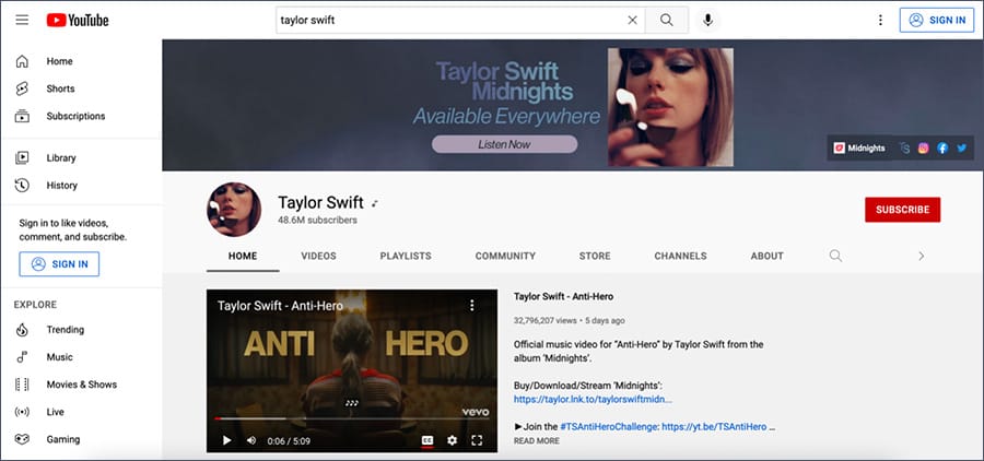Taylor Swift promoting music on YouTube