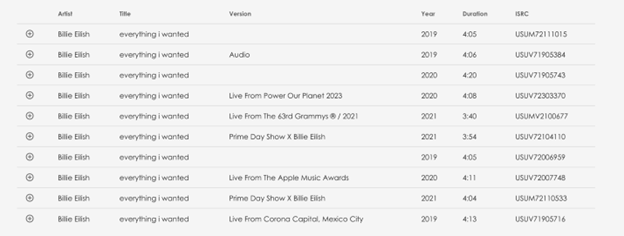 Billie Eilish ISRC codes to track music