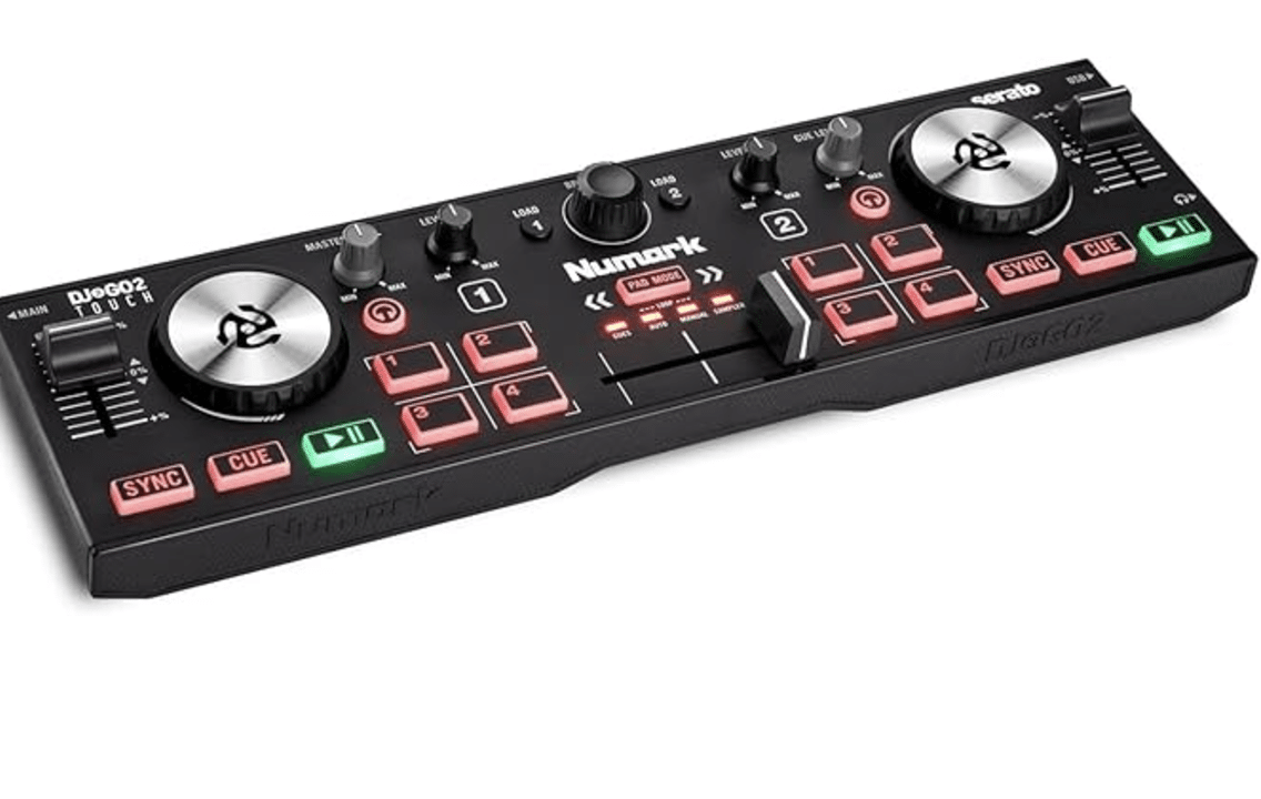 gift ideas of musicians - The DJ controller with mixer, two jog wheels, and buttons labeled "Numark" and "Serato" is a perfect gift idea for musicians. Black with red accents, it offers versatile control options to elevate any performance.