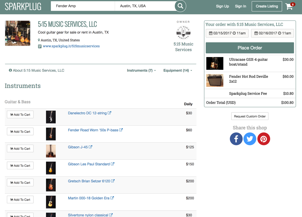 Sparkplug shops: renting music gear