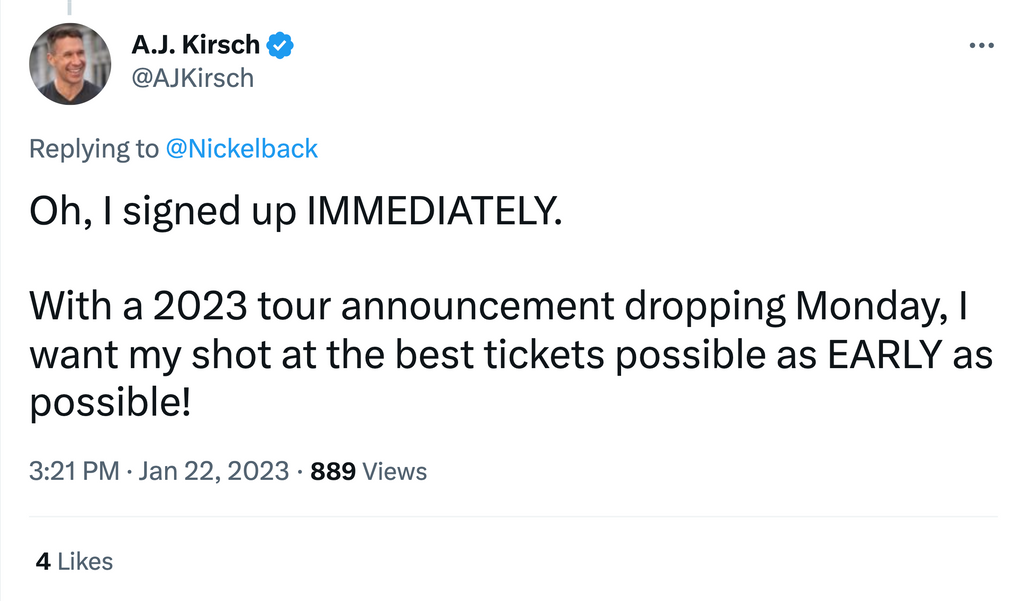 Tweet about the Nickelback fan club from a loyal fan