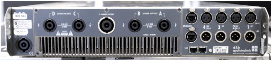 A screen grab of a multi-channel power amp rear panel, with various inputs 