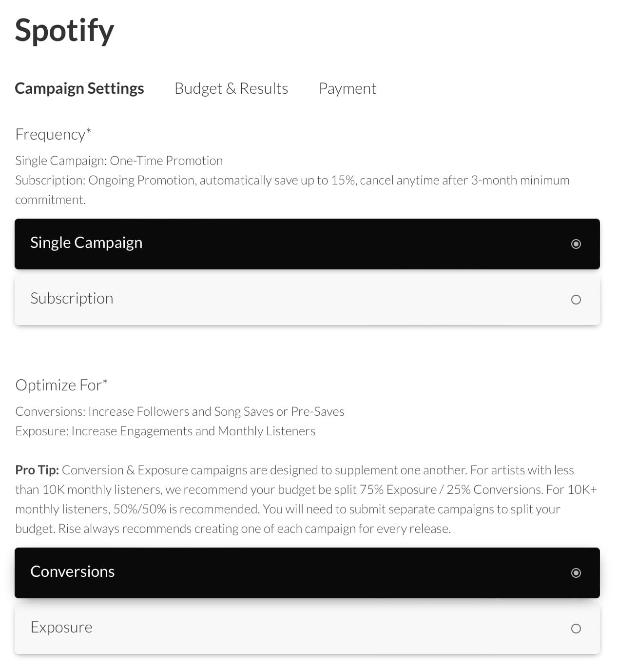 Rise conversions campaign