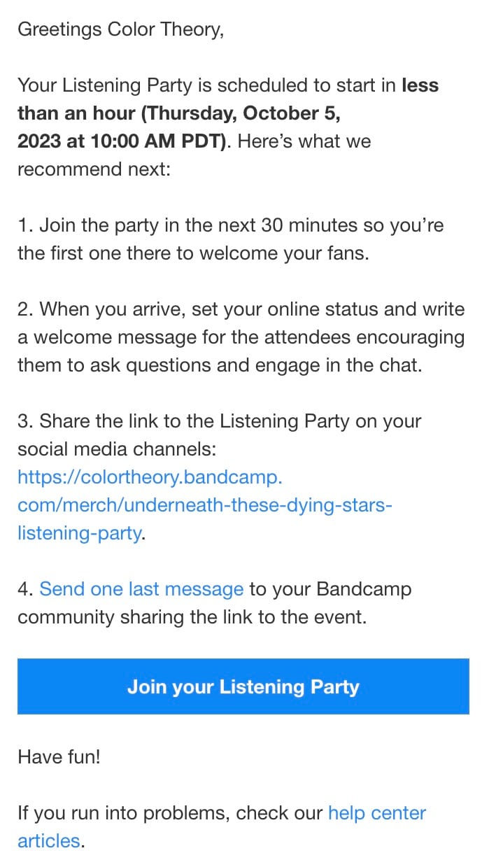 Bandcamp Listening Party one hour