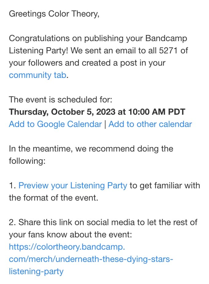 Bandcamp Listening Party artist email confirmation