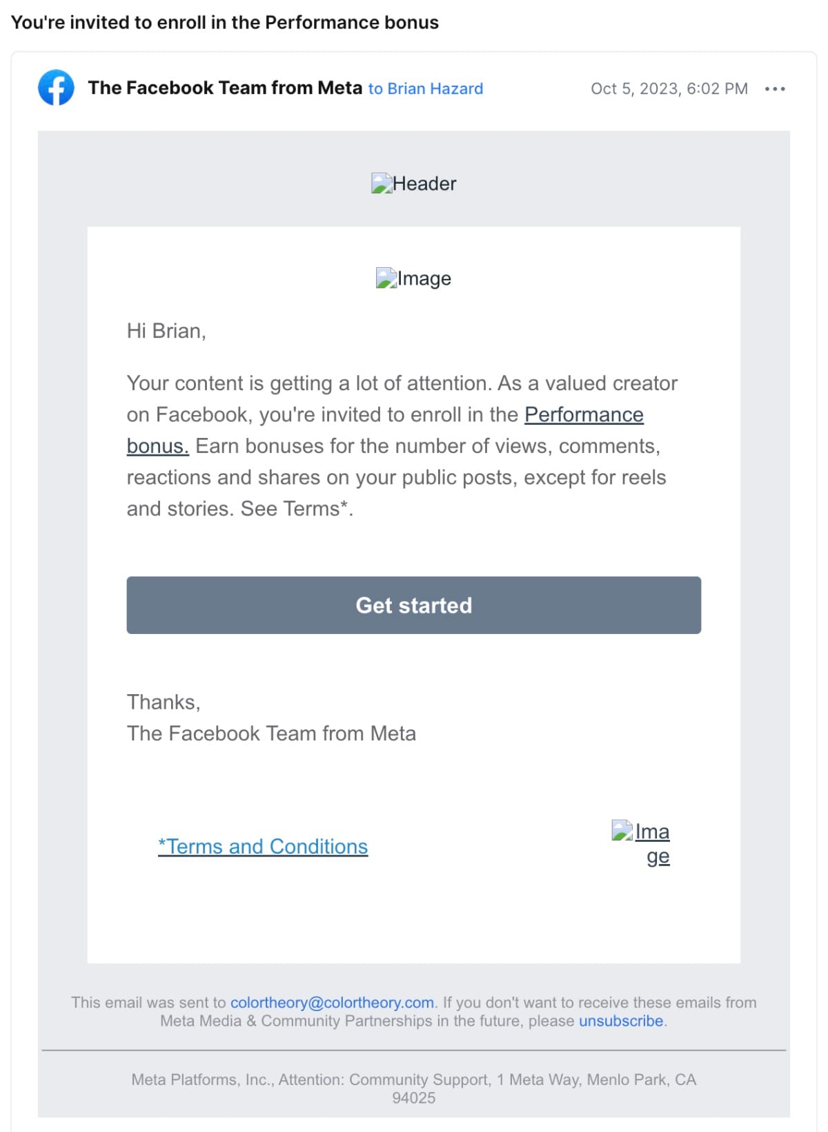 Meta Performance Bonus Program invitation