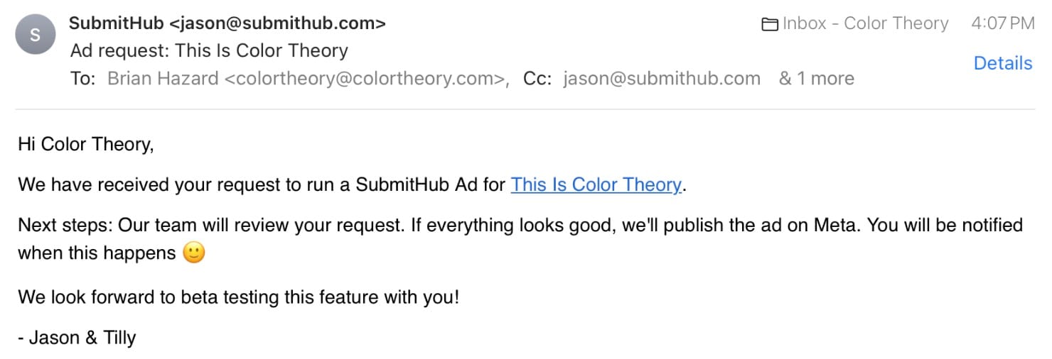 SubmitHub Ads Email Confirmation