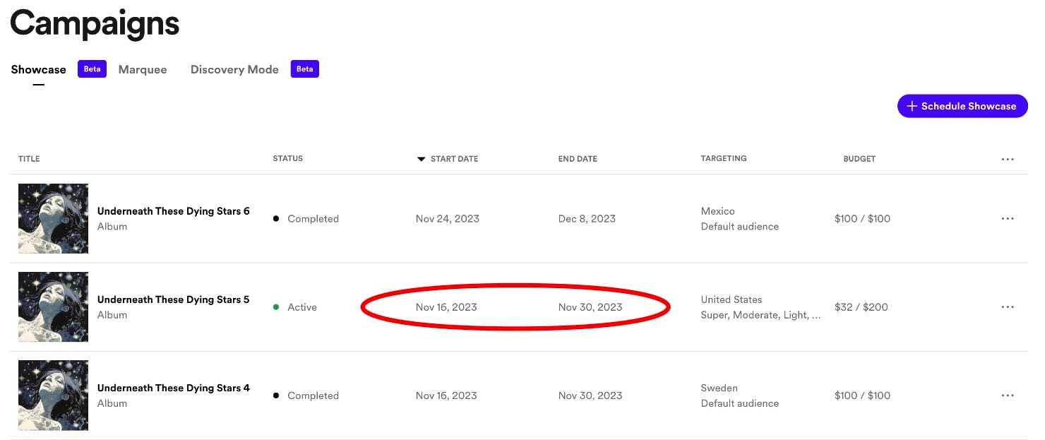 Spotify Showcase campaigns