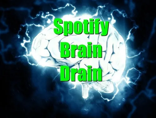 Bright digital illustration of a brain with electrical lightning effects, overlaid with bold green text saying "Spotify Brain
