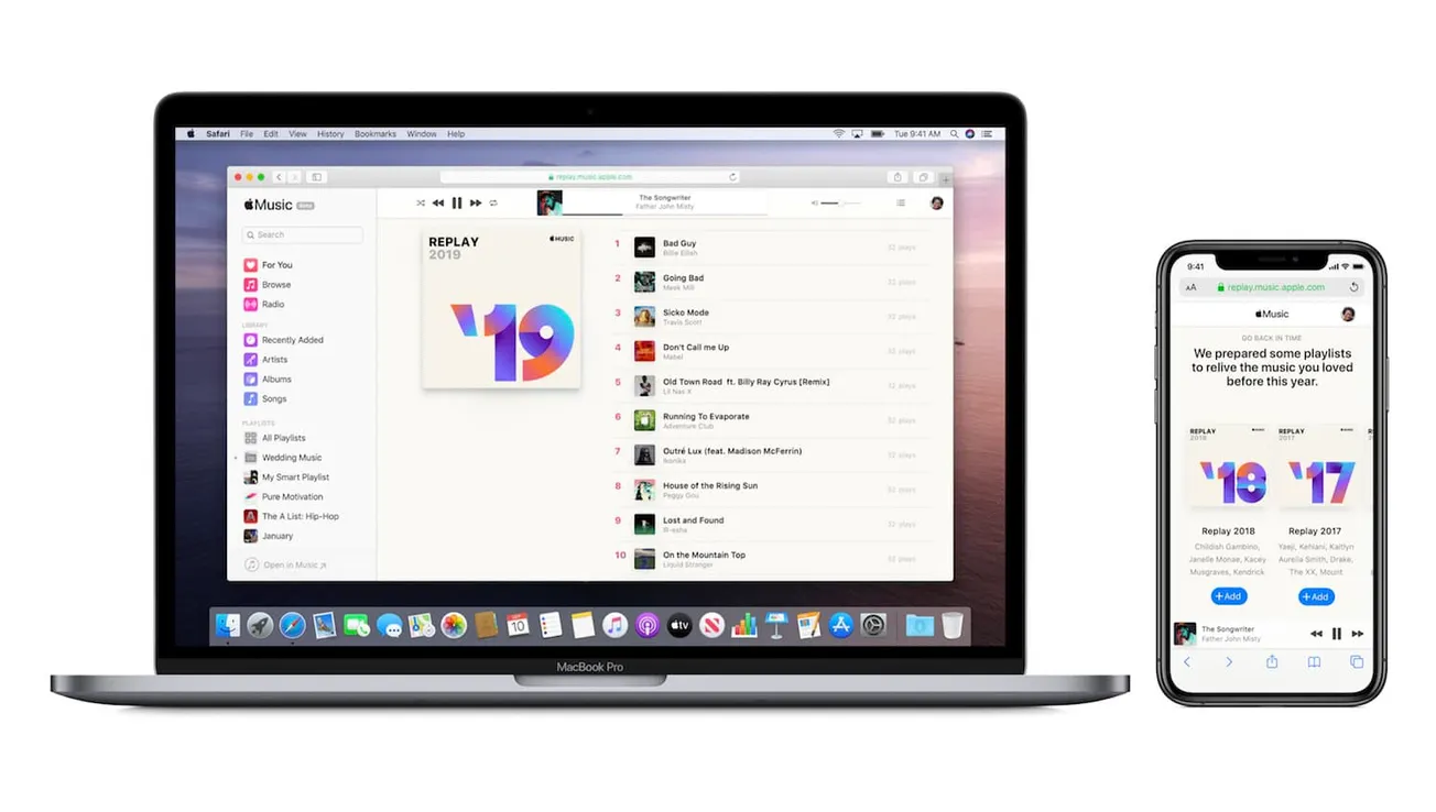 Replay music playlist on MacBook Pro and iPhone showcasing music streaming platform, playlist curation, and digital music ser