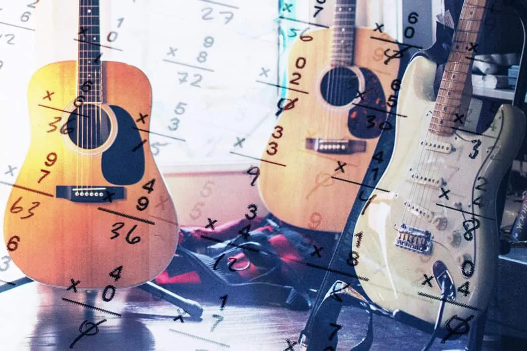 Guitars with musical notes and mathematical calculations overlaid, representing music theory, composition, and creative music