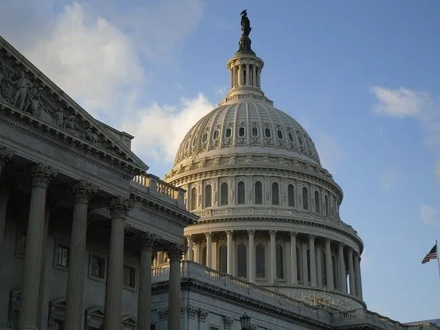 Government building with dome and columns in Washington DC, Capitol Hill, United States Capitol, architecture, political land