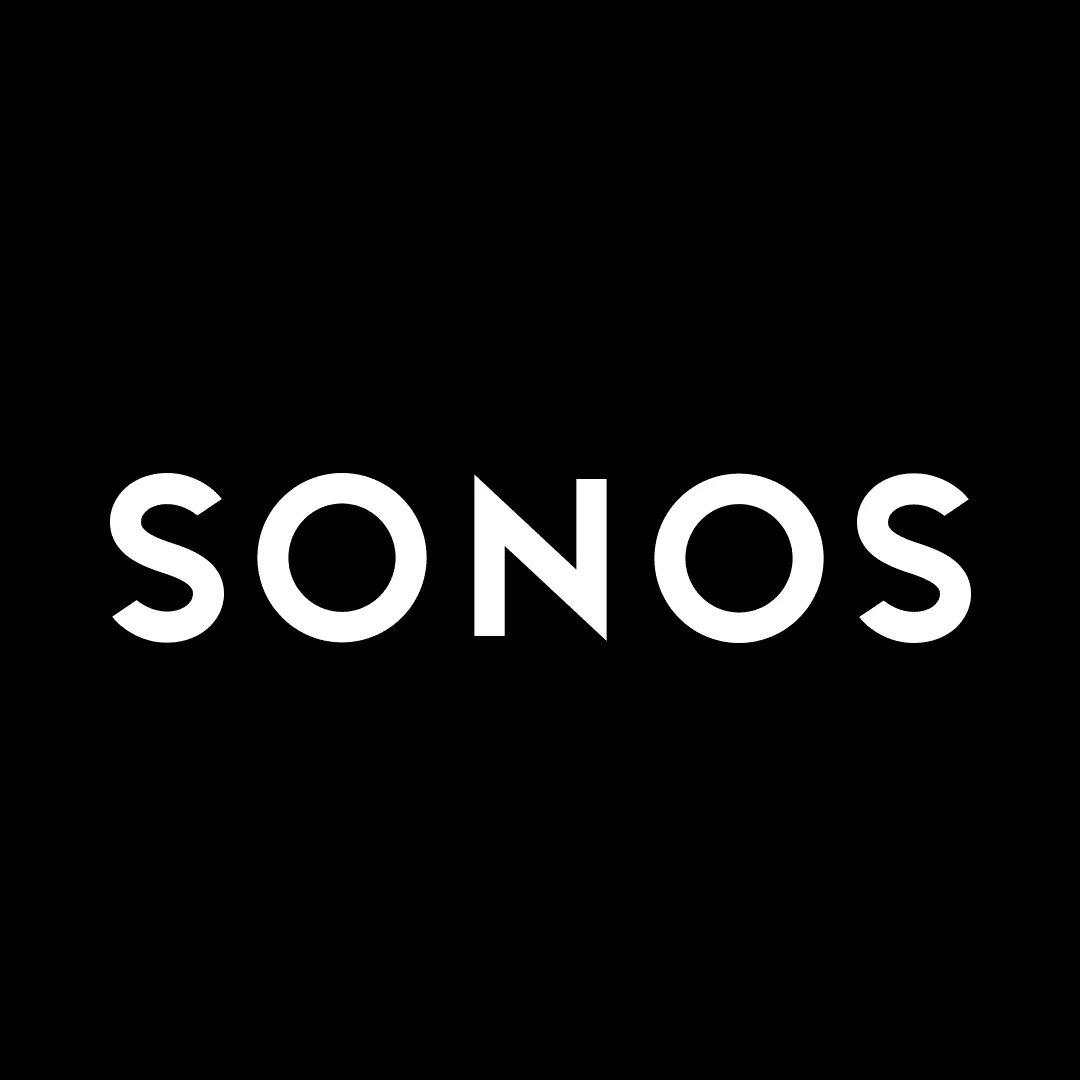 Sonos logo, smart speaker brand, modern audio technology, black background, wireless sound system.