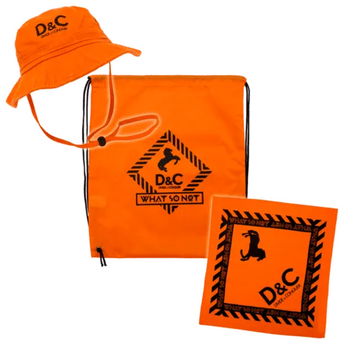 Orange D&C branded bucket hat and drawstring bag with bold black logo and slogan, streetwear accessories, trendy fashion item