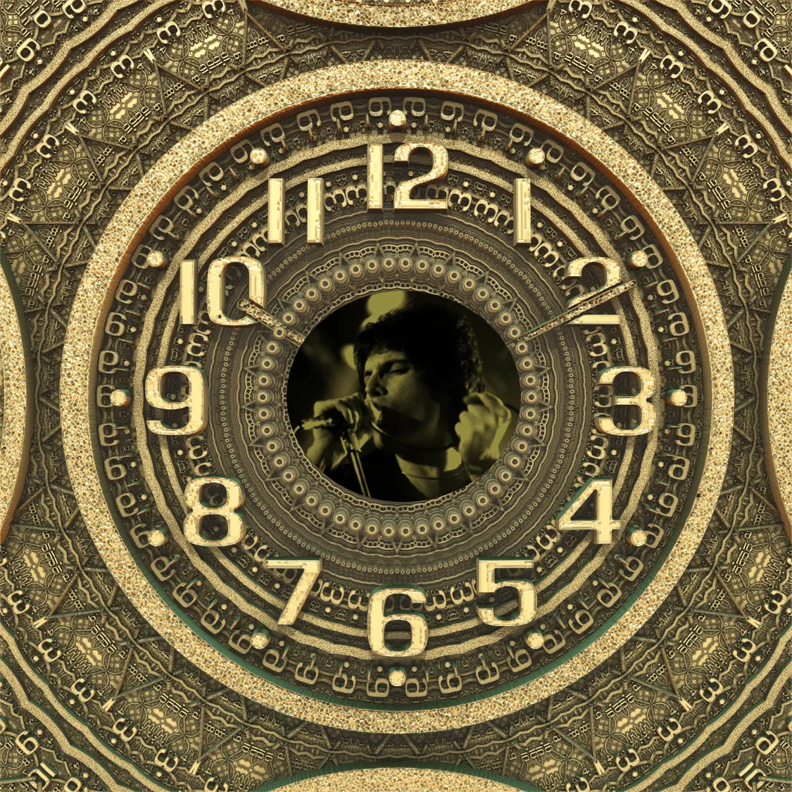 Vintage clock with intricate golden gears and a black-and-white image of a young musician singing into a microphone at the ce