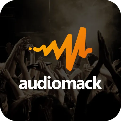 Audiomack music streaming platform logo with concert crowd in background, digital event, music fans at live concert, entertai