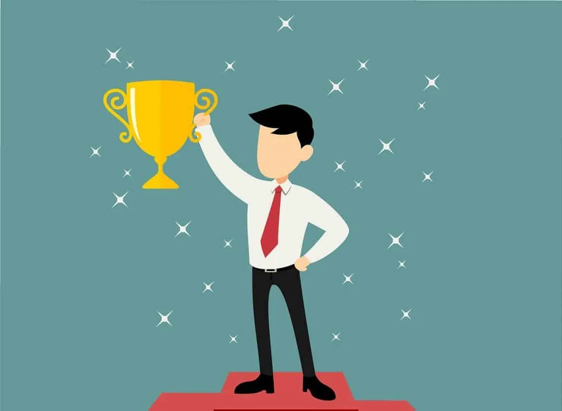 Successful business achievement, businessman holding trophy, victory celebration, professional success, career milestone, lea