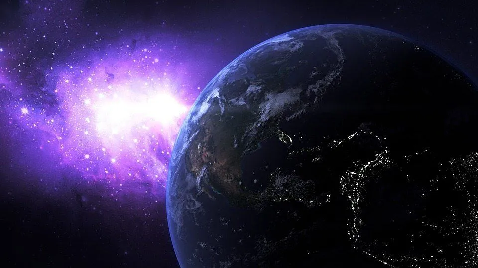 Vibrant view of Earth from space with a purple cosmic nebula in the background, showcasing the beauty of outer space and the