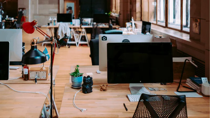 Modern open-plan office workspace with desktop computers, plants, and decorative items for a productive creative environment.