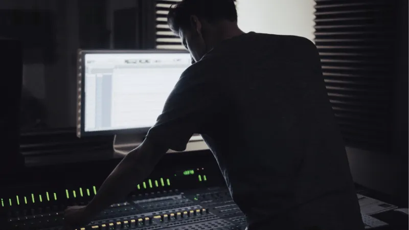 Professional music producer working at a mixing console with a computer in a dark studio environment.