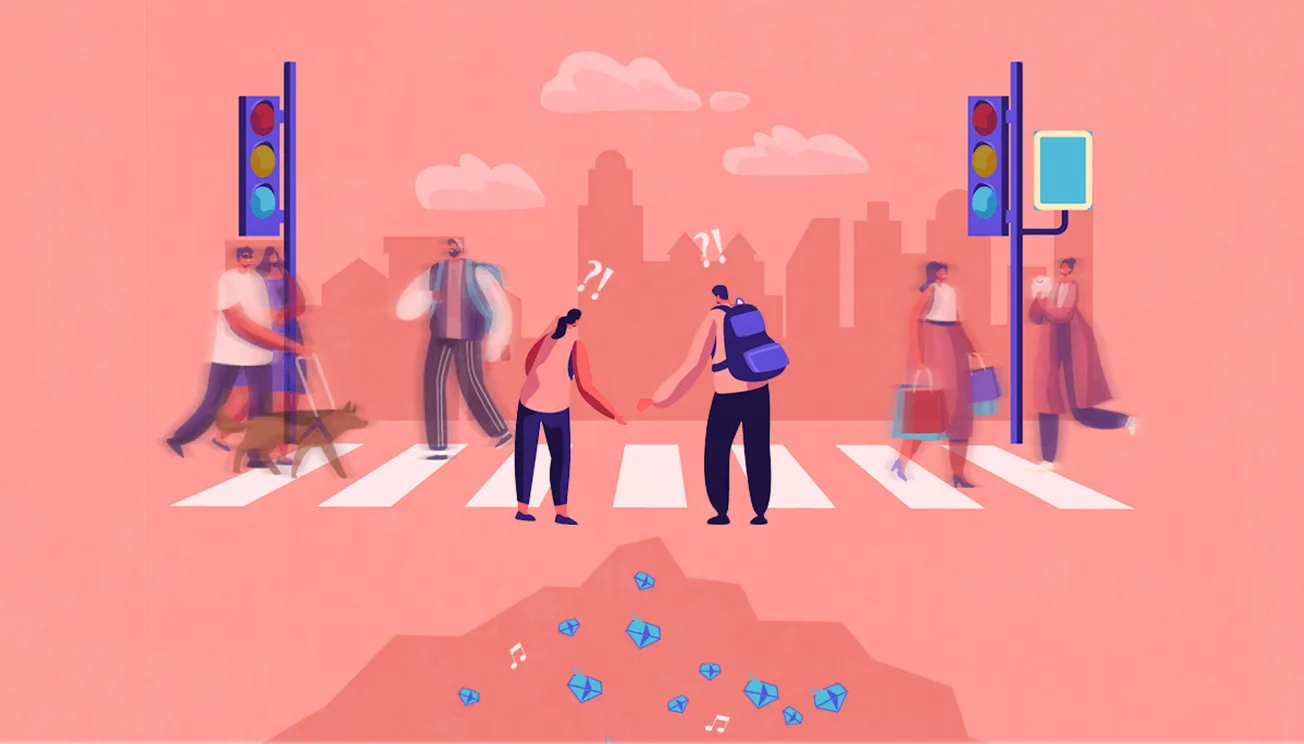 Crucial role of music and social interaction in urban city life, featuring diverse pedestrians, crosswalks, traffic signals,