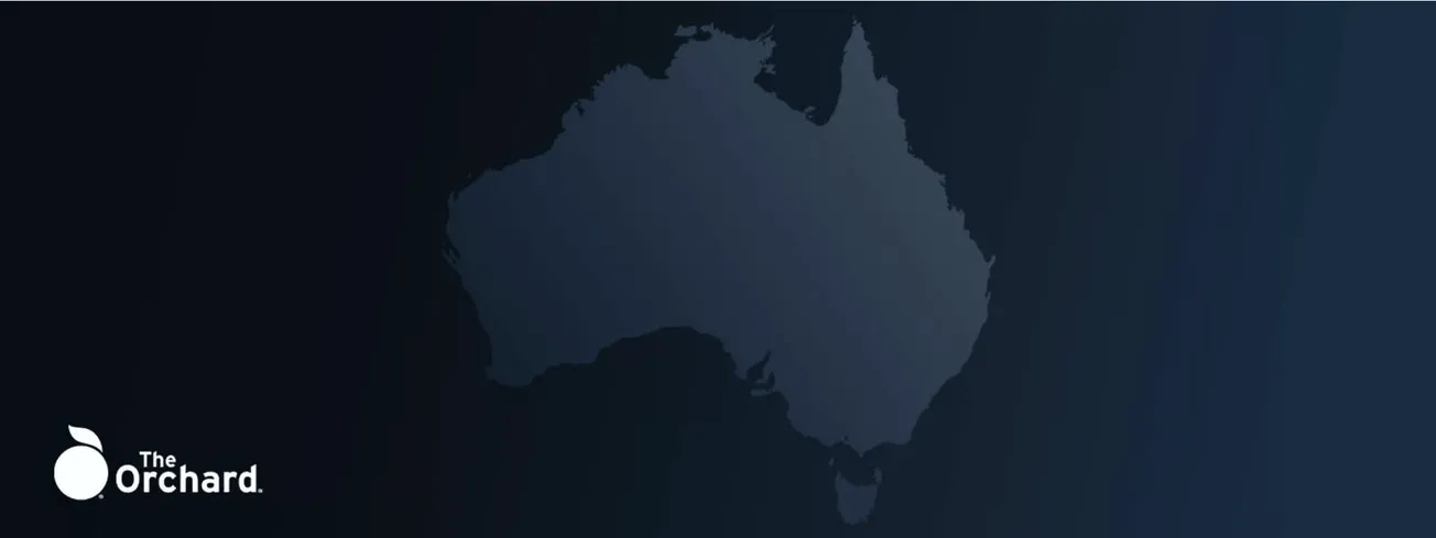 Aussie map silhouette with dark blue background, showcasing regional focus on Australian music industry, digital marketing, a