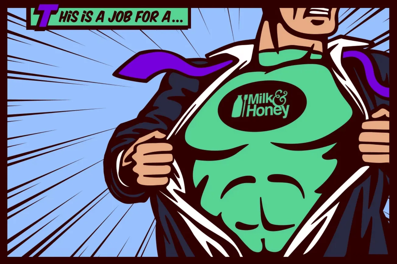 Superhero woman revealing a Milk & Honey logo on her chest, comic style, empowering branding image, bold outlines, vibrant co