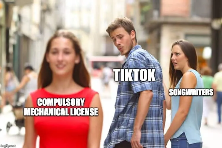 TIKTOK meme showing a popular "Distracted Boyfriend" image with humorous labels for meme context and music industry satire on