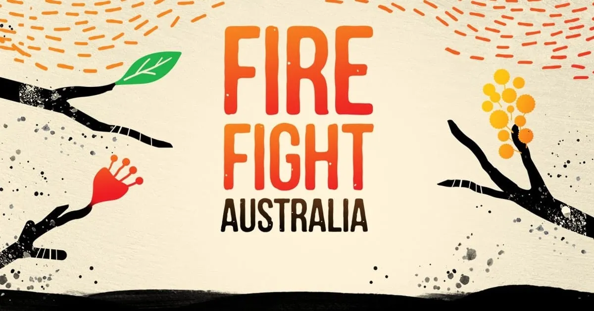 Fire fight australia illustration with stylized trees and vibrant colors promoting bushfire awareness and community effort.