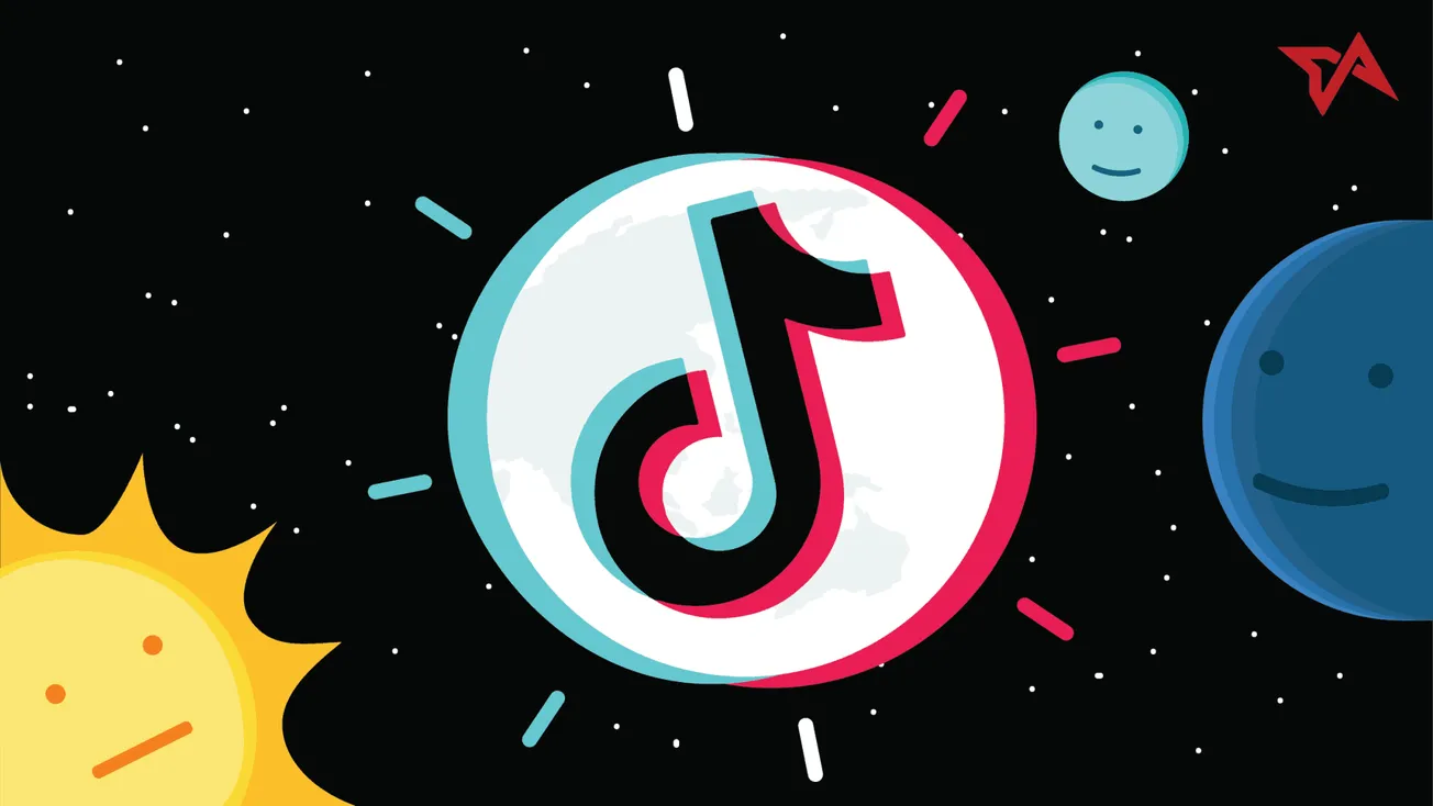 TikTok logo floating in space with cartoon celestial bodies, representing digital music and social media trends, with a focus
