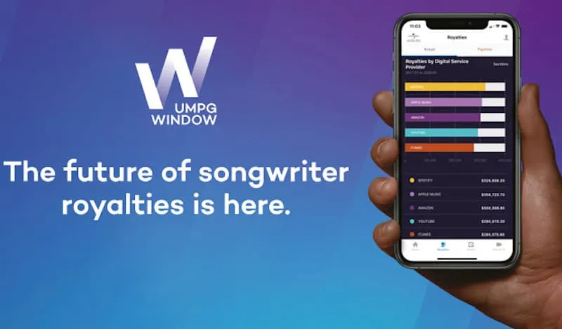 UMPG WINDOW logo and smartphone displaying songwriter royalty earnings app, emphasizing music royalties, digital service prov
