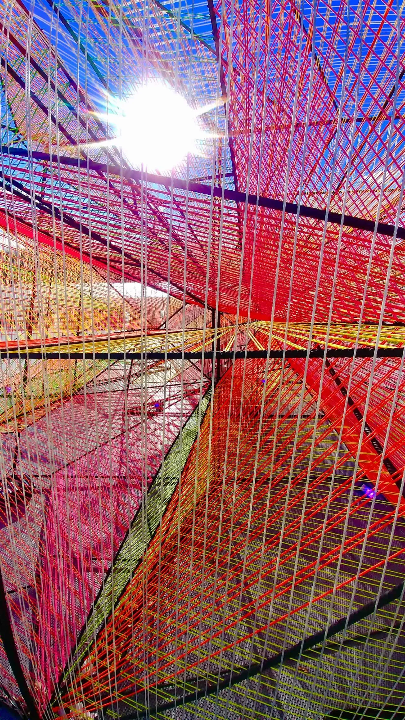 Colorful geometric sculpture with intricate wireframe patterns illuminated by sunlight for modern art and architecture.