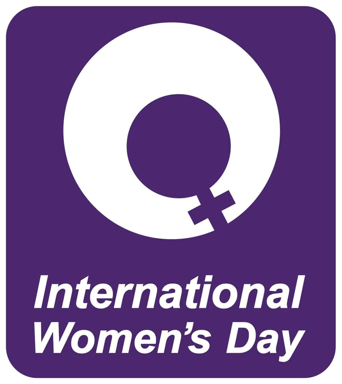 Purple square logo featuring a white female gender symbol and the text "International Women's Day" in bold white letters. Cel