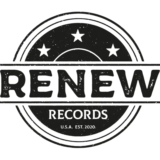 Vintage black and white logo for Renew Records featuring bold text, stars, and a circular design emphasizing record label bra