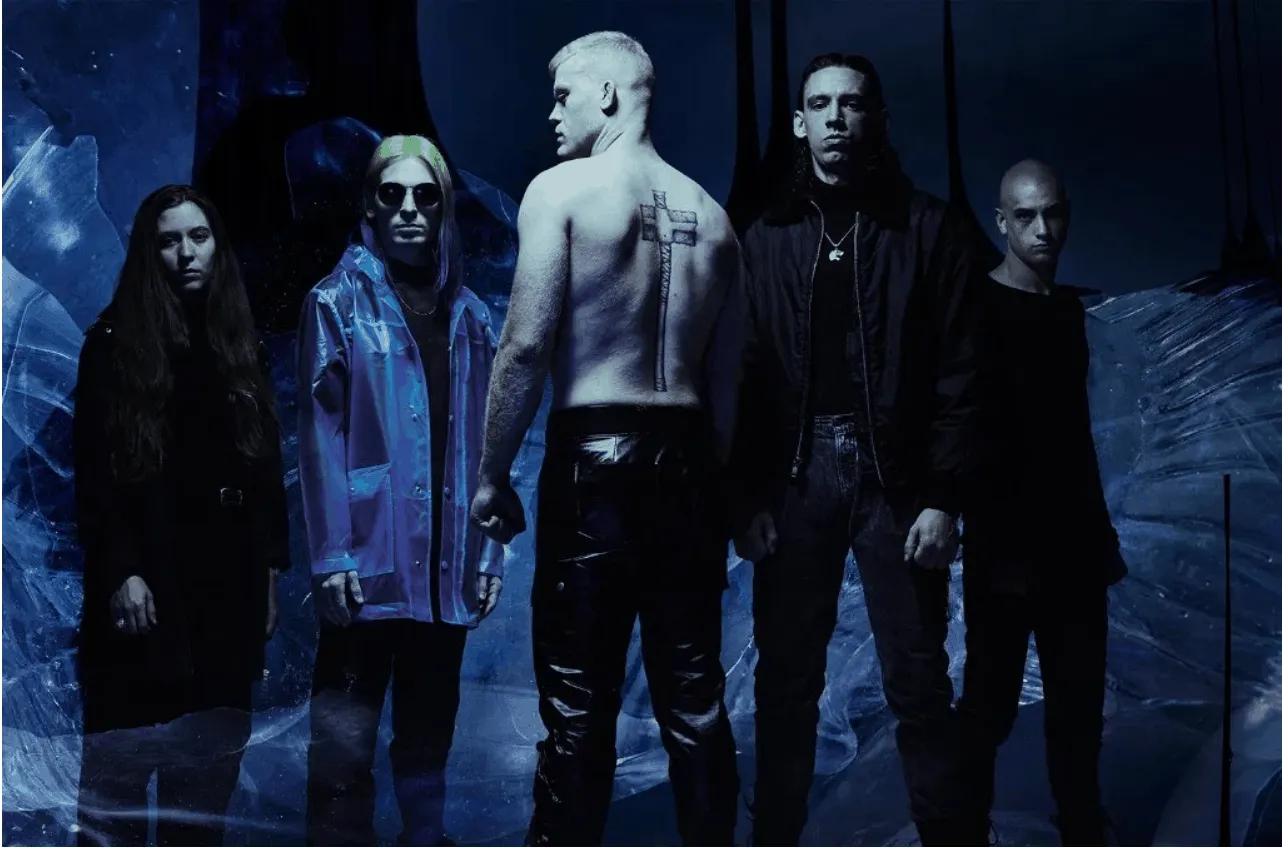 Dark moody music band photo with edgy style and futuristic setting for music industry branding.