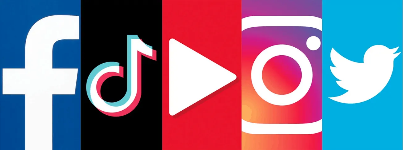 Social media platform logos including Facebook, TikTok, YouTube, Instagram, and Twitter for digital marketing and influencer