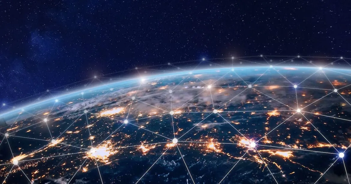 Global connectivity and digital networking illustration from space, showing Earth with illuminated cities connected by a netw