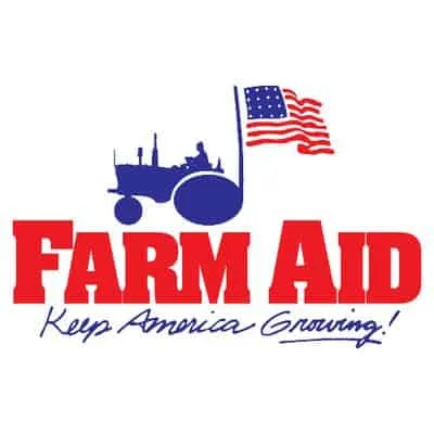 Tractor with American flag and musical note icon representing Farm Aid's mission to support farmers and promote American agri