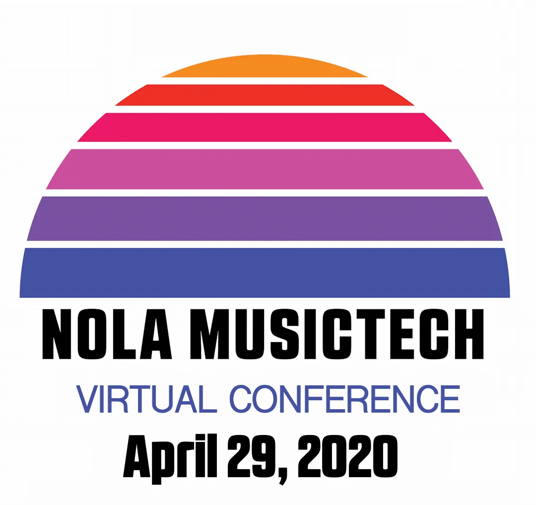 Rainbow-colored semi-circular graphic representing the NOLA MusicTech Virtual Conference on April 29, 2020.