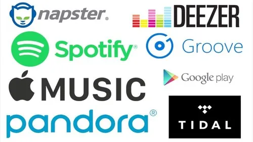 Streaming music service logos featuring Napster, Deezer, Spotify, Groove, Apple Music, Pandora, Google Play Music, Tidal, sho