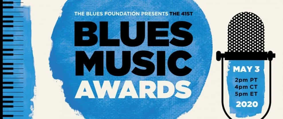 Blues Music Awards poster featuring bold text, a microphone graphic, and event details for May 3, 2020, highlighting blues an