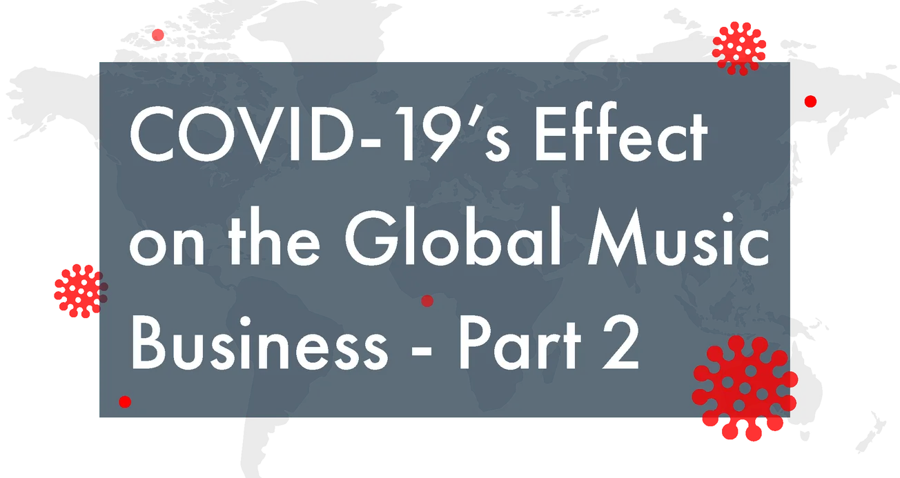 Virus icons over a world map representing COVID-19's impact on global music business.
