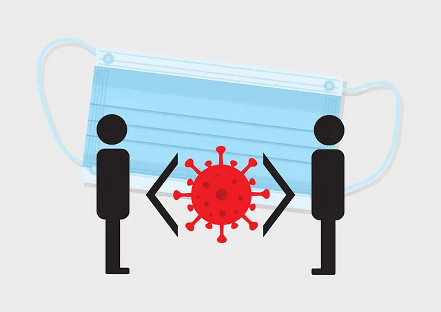 Wearing face masks with viral particles symbol, representing COVID-19 safety and health precautions during pandemic.