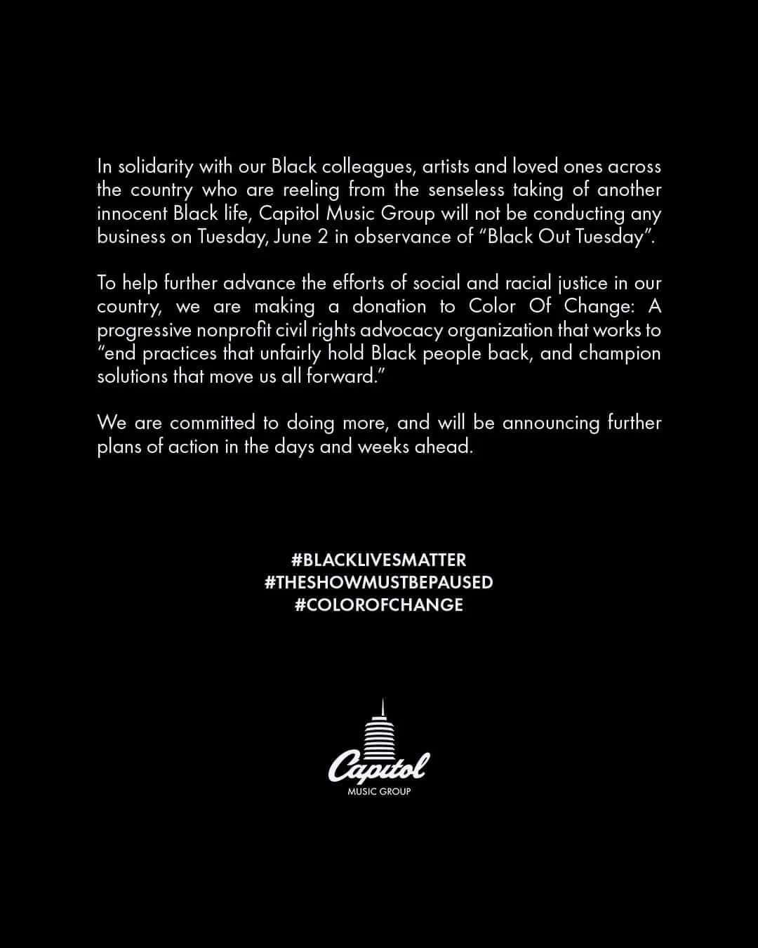 Black community solidarity during Black Out Tuesday, with Capitol Music Group supporting social justice initiatives through B